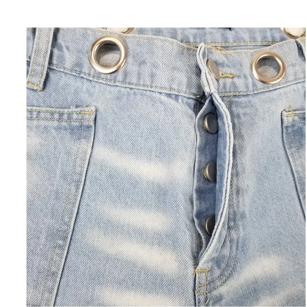 Flamingals Jeans Womens XL Moxie Barrel Low Slung Paint Splatter Grommet Tie - Picture 4 of 12